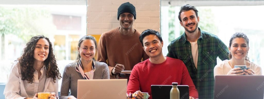 horizontal banner header with smiling multiethnic coworkers looking camera making team picture modern office together diverse work group department laugh posing photo workplace 646109 1293